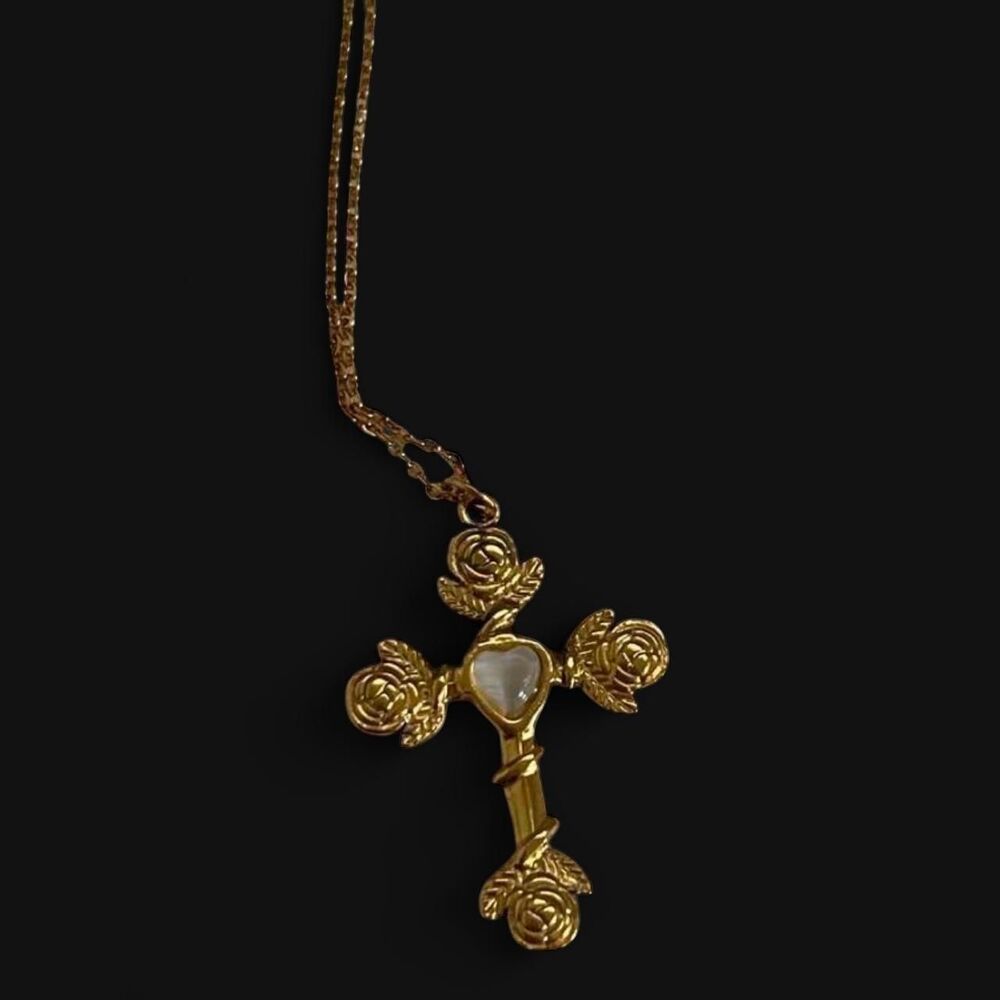 ꧁ᬊᬁ y2k style 18k gold-plated stainless steel rose cross necklace ᬊ᭄꧂